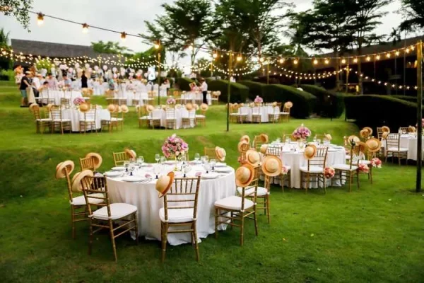 Festoon lighting at outdoor wedding